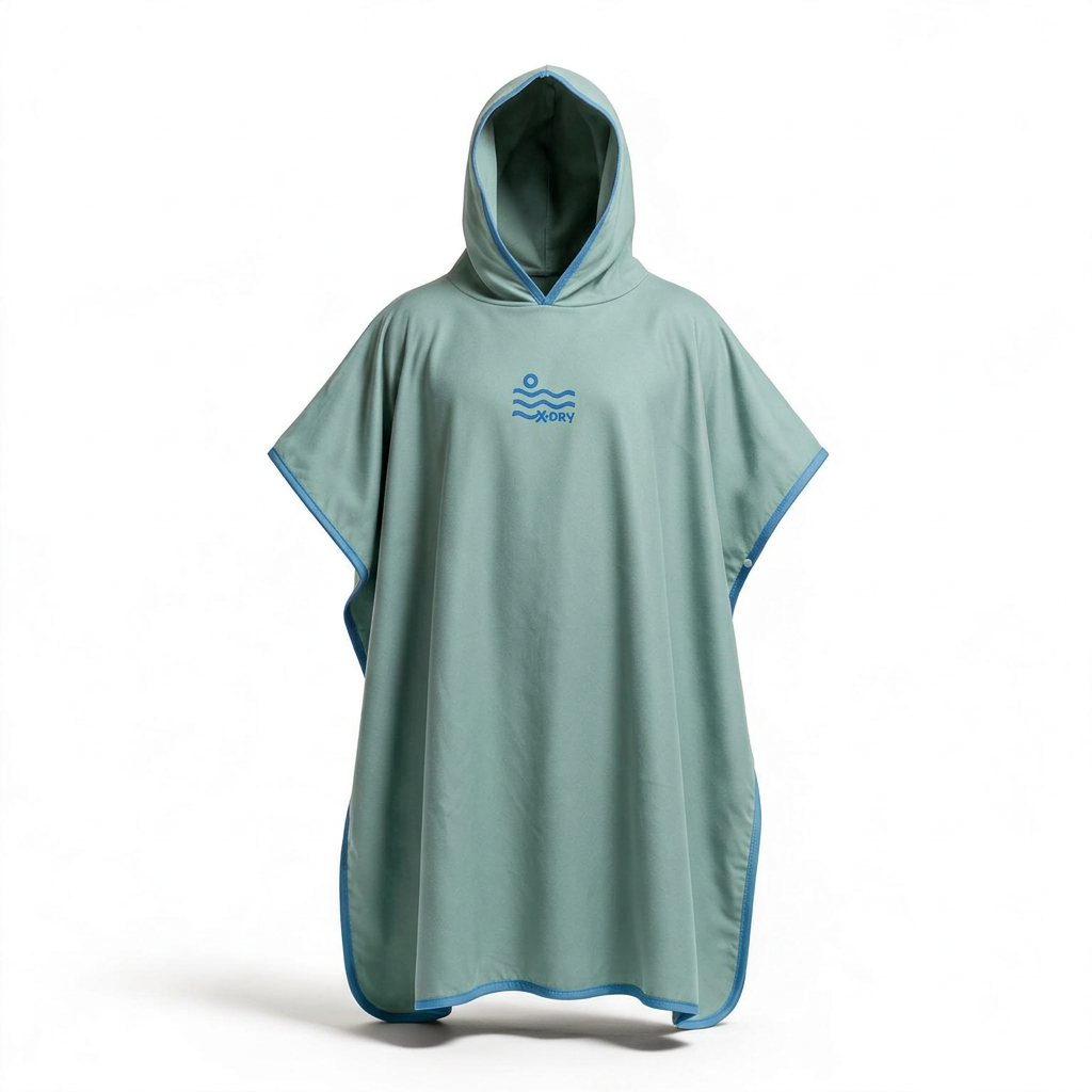 Poncho with reference-guided 3D shape and blue trim
