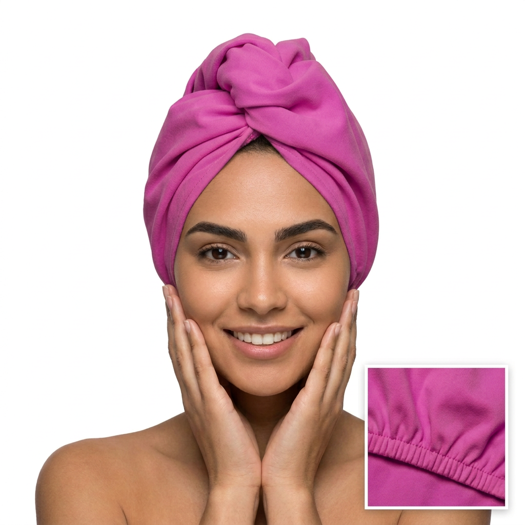 Purple-pink hair towel with the same model pose and no text