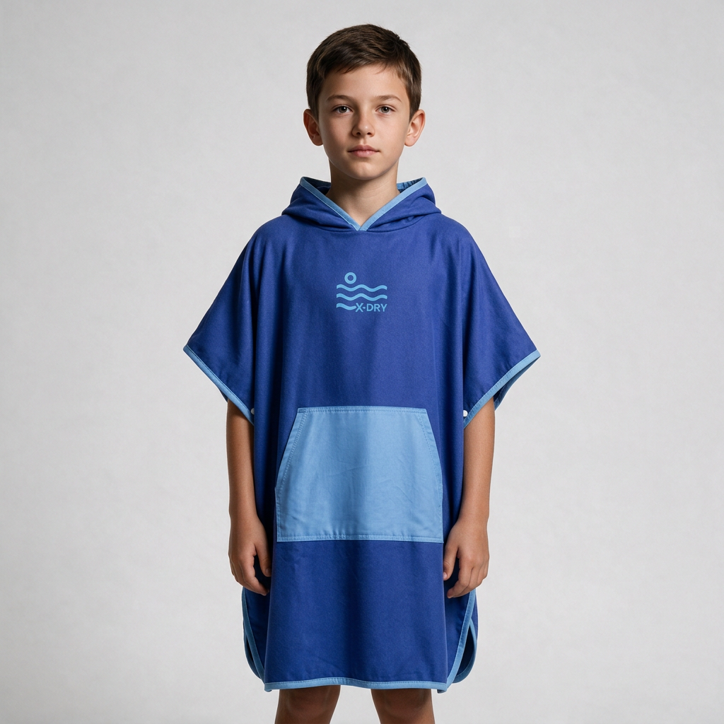 Royal-blue and light-blue poncho on boy