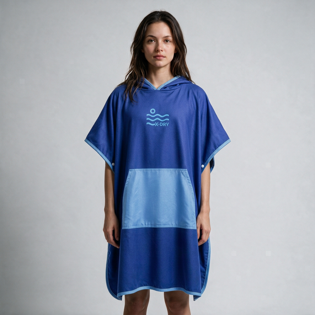 Royal-blue and light-blue poncho on dark-haired woman