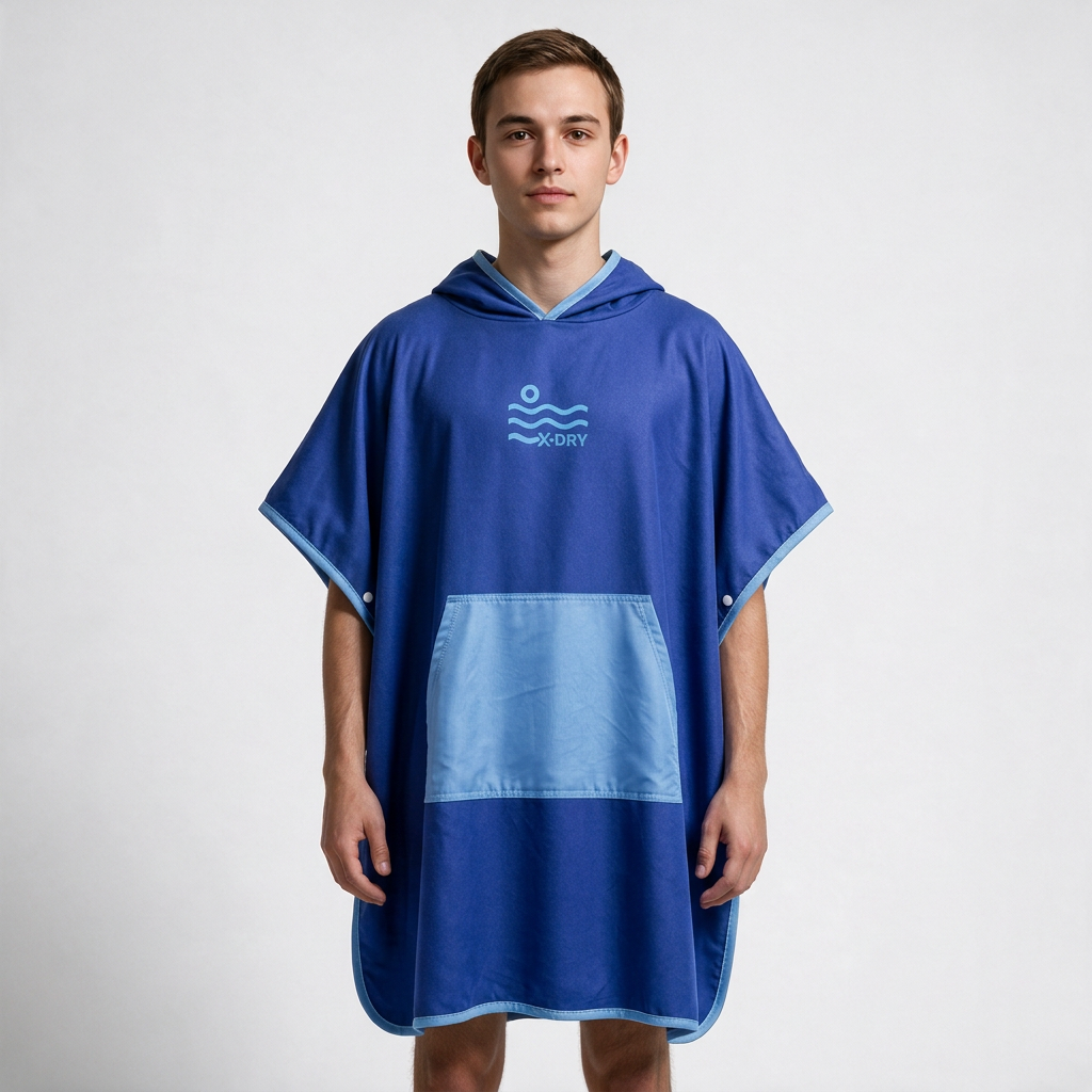 Royal-blue and light-blue poncho on man