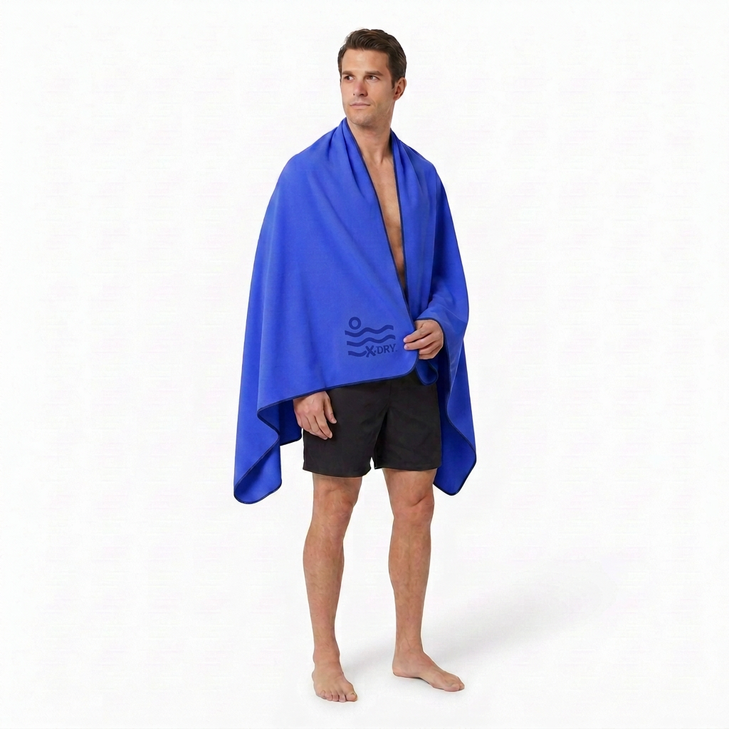 Royal-blue model towel with matched logo