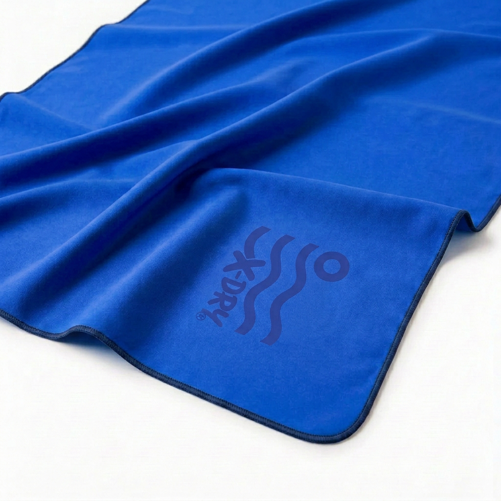 Royal-blue towel close-up with sharper logo in the original placement