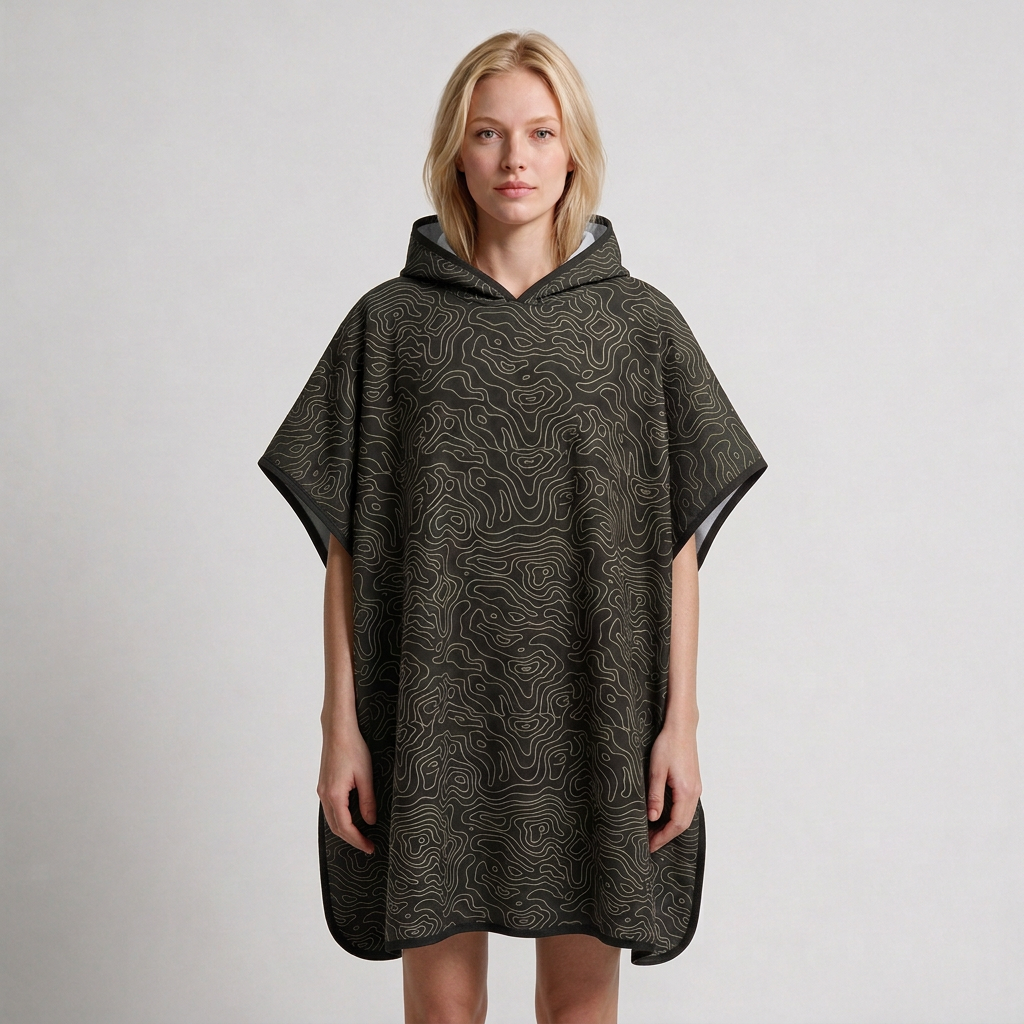 Topographic-print poncho on blonde woman