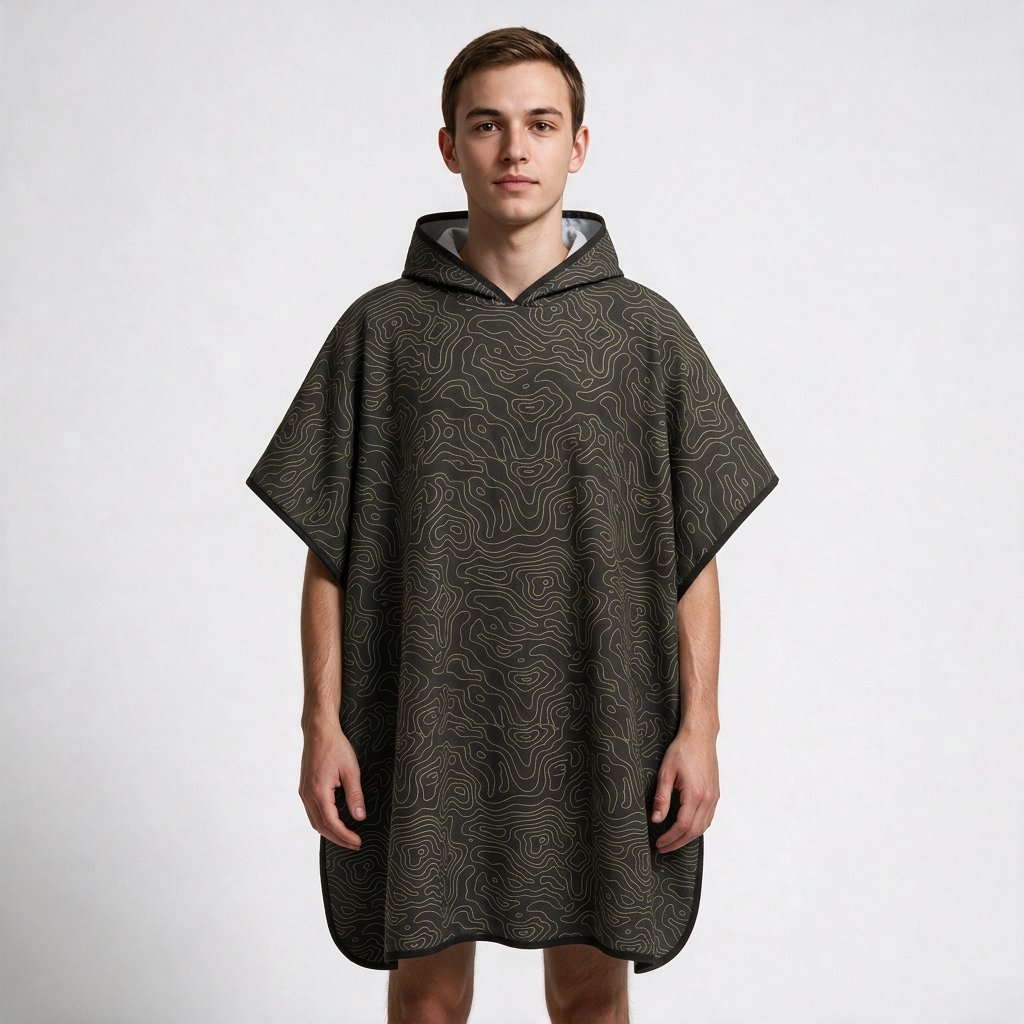 Topographic-print poncho on man
