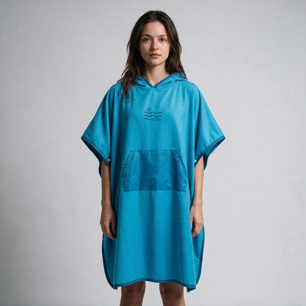 Turquoise poncho on dark-haired woman