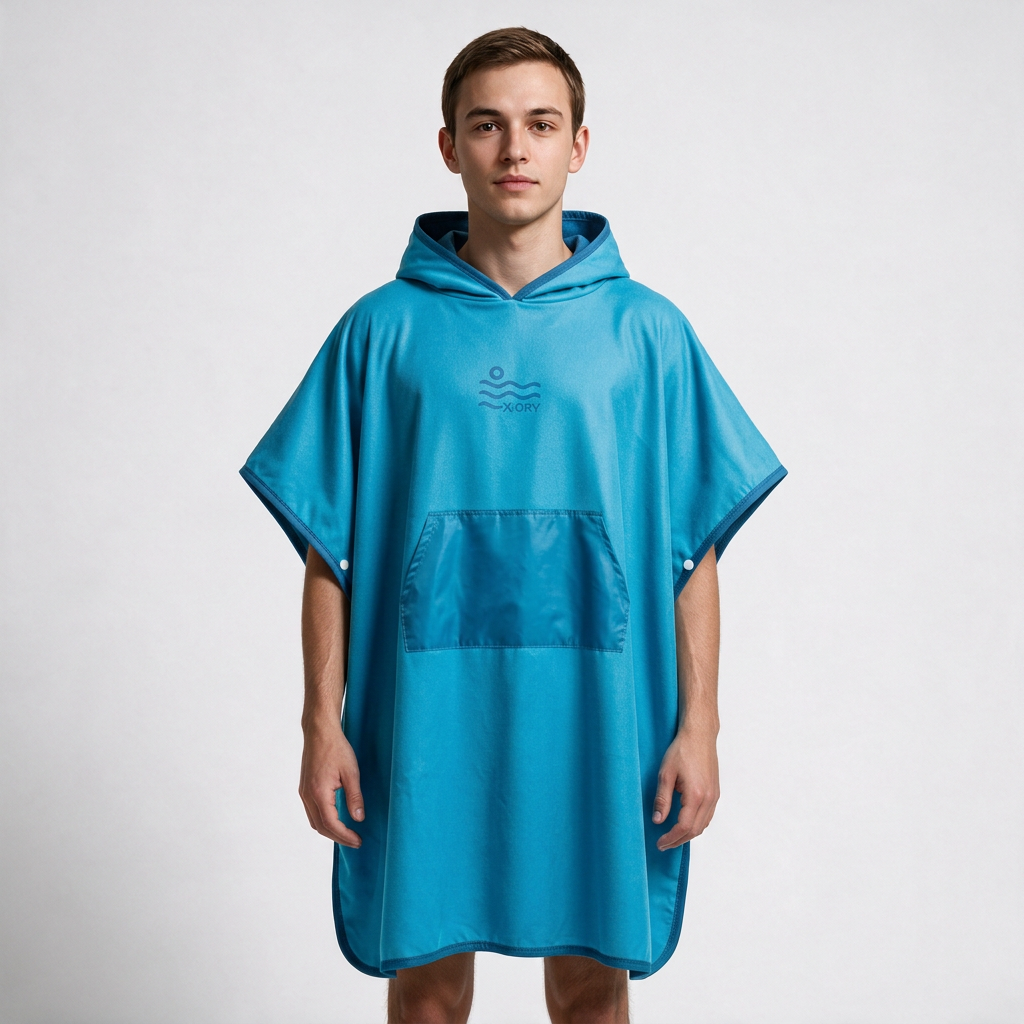 Turquoise poncho on man
