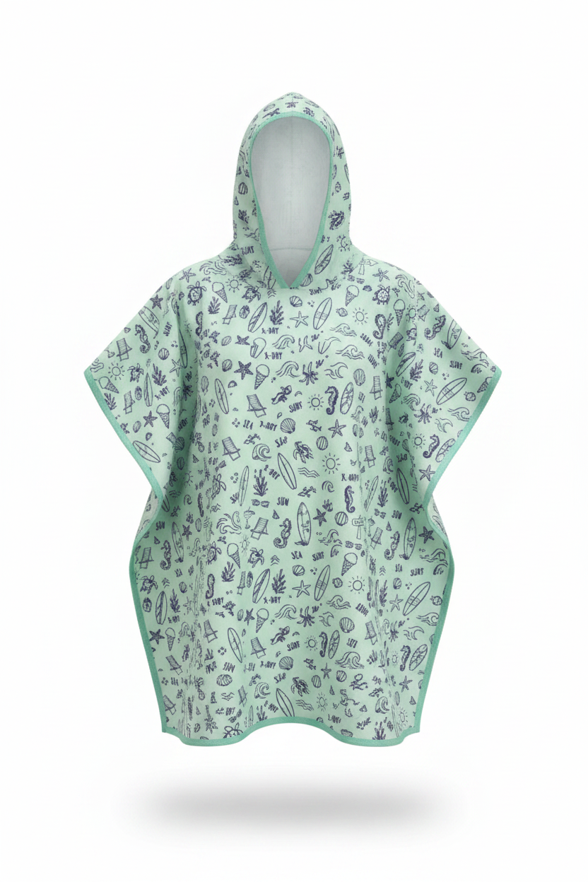 X-DRY Mint Surf Doodle Poncho — Front View Studio Shot