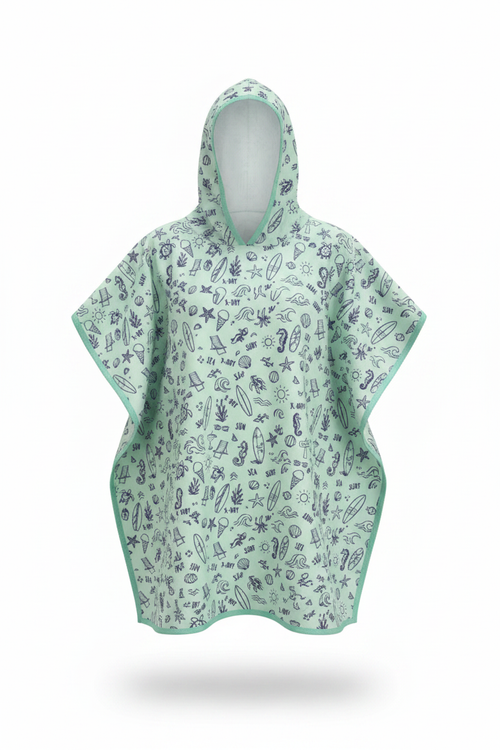 X-DRY Mint Surf Doodle Poncho — Front View Studio Shot